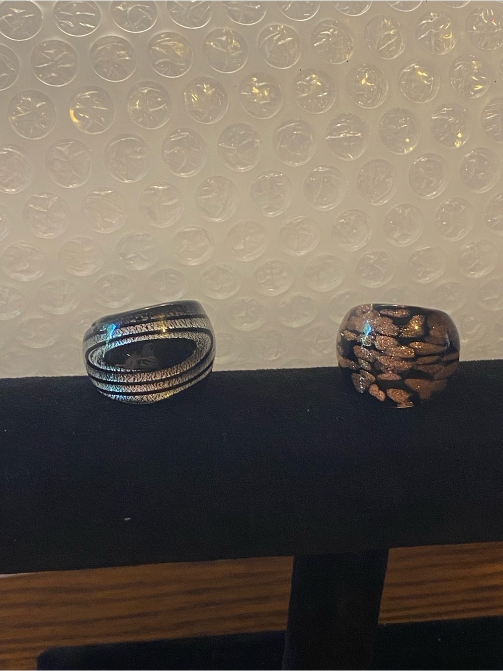 Vintage Murano Style Glass Dome Ring Duo Black Silver Copper Aventurina Cocktail